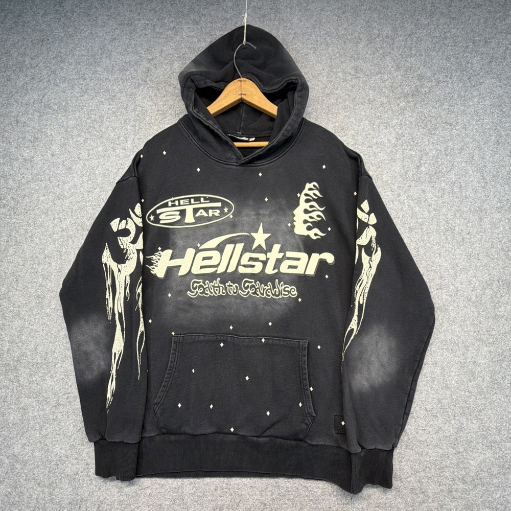 Hellstar Black Cotton Graphic Print Pullover Hoodie Long Sleeve Men Large
